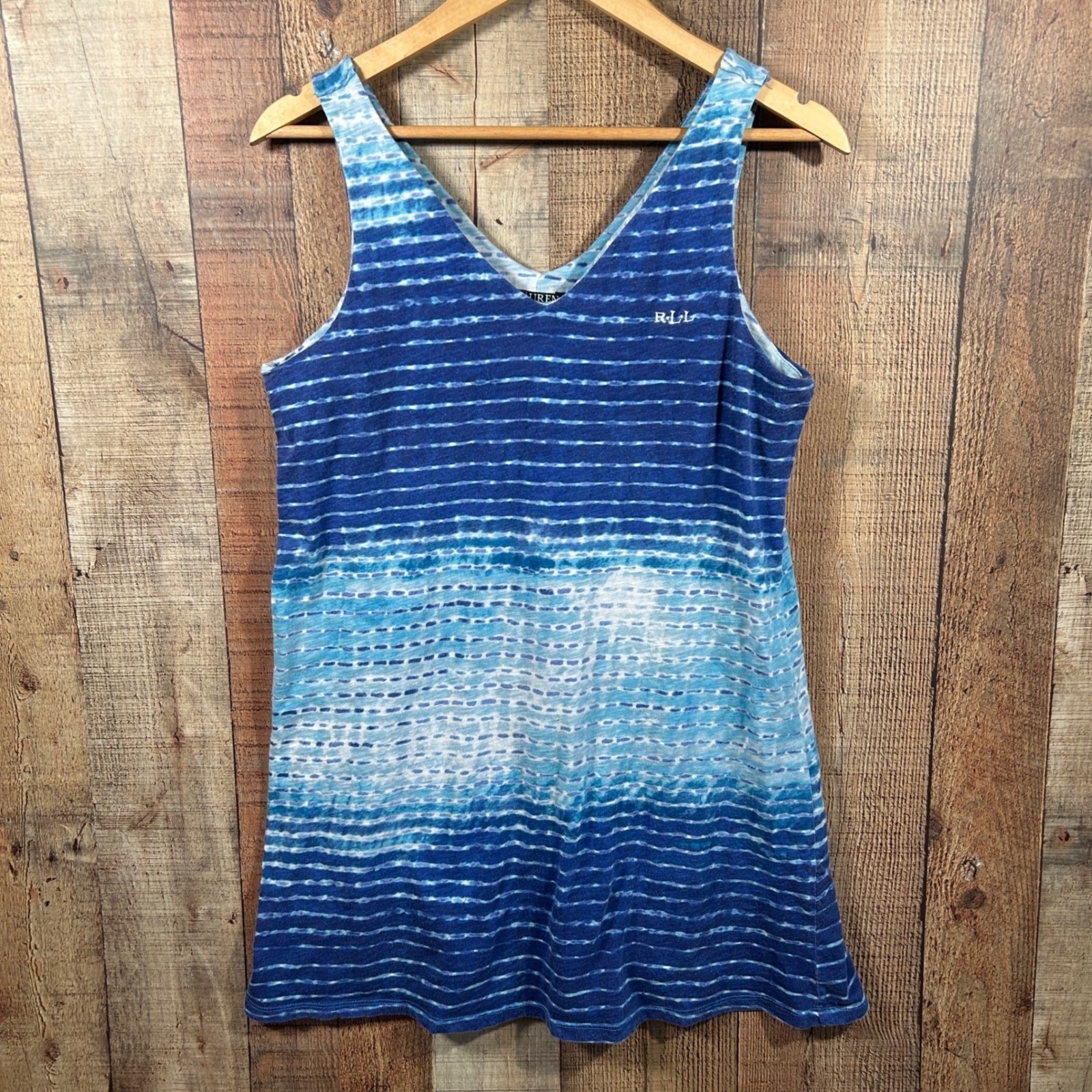 Lauren Ralph Lauren Blue Stripe Beach Cover Up Tank Dress Large Tie Dye